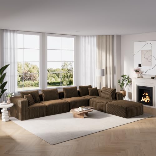 Image of Novilla 141 inch Modular Sectional Sofa, V Shape Customizable Sectional Couch, Modern Cloud Design with Smarts Coil Support, Boneless Couch for Living Room Apartment, No Assembly Required, Brown