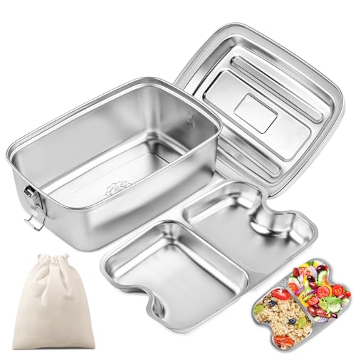 WuGU 1200ml Boîte à Bento en Acier Inoxydable, Lunch Box Inox avec Compartiment et Sac, Anti Fuite, Passe au Lave-vaisselle, pour Pique Nique, Travail, Ecole-2 grilles