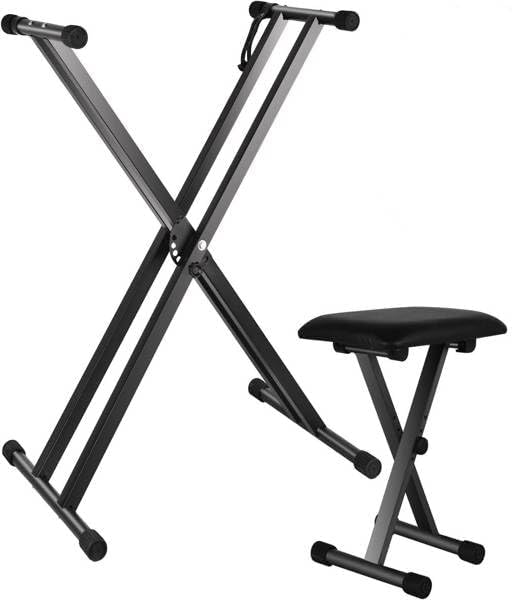 Piano Keyboard Stand Stool Set, Adjustable Dual-Tube X-Frame with Adjustable Folding Stool in Black, Six-Position Design Fits 49, 61 and 76-Key Keyboard Modelsdels