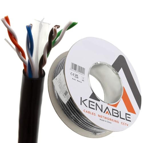 kenable External CAT6 Outdoor Ethernet Cable Reel 100% COPPER UTP Network Lead UV Resistant Waterproof Burial Grade 23AWG PE Sheath Gigabit 100m Black