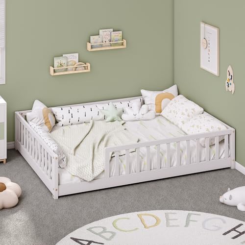 Zurefano Full Montessori Floor Bed with Rails, Solid Wood Floor
