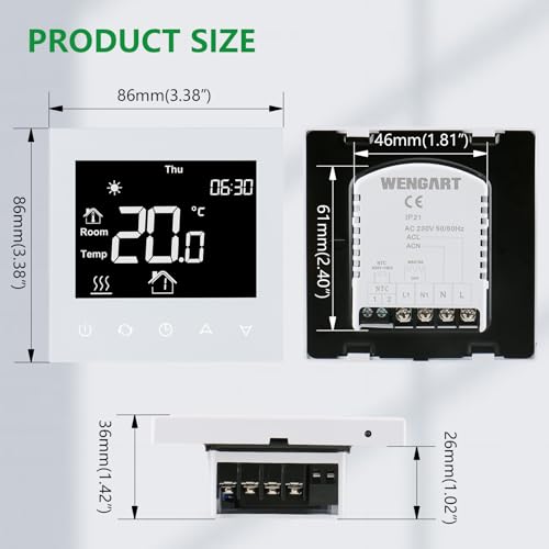 Wengart Digital Thermostat für Elektrische Fußbodenheizung Heizsysteme WG505,Unterputz Programmierbar AC230V max3600Watt mit 3m fühler,Schwarz