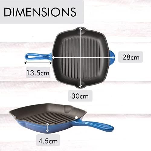 Pre-Seasoned Cast Iron Griddle Pan - Square Cast Iron Skillet - Enamelled Grill Cookware Frying Pan  Blue, 28cm - by Nuovva