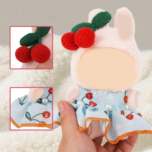 17cm Zestaw Ubrań Lalek, Kawaii Strój z Motywem Wiśni Zawiera Niebieską Spódnicę Czerwono-Zieloną Spinkę do Włosów Akcesoria Motywem Wiśni do Dekoracji Figurek 15cm/17cm