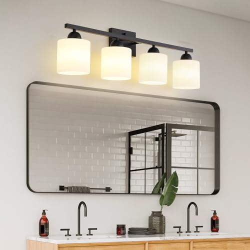 Image of Mecgirn Milk Glass Vanity Lights for Bathroom, 4 Light Matte Black Bathroom Light Fixtures Over Mirror, Ceramic E26 Sockets Wall Mounted