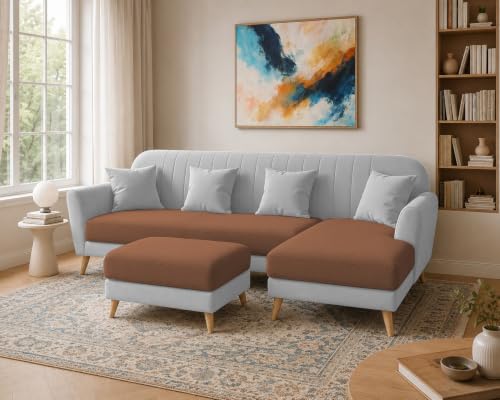 Image of Atticus RHS 6 Seater L Shape Sofa Set with Ottoman Living Room (Brown Grey Colour Fabric) Premium Fabric Sofa Set for Living Room