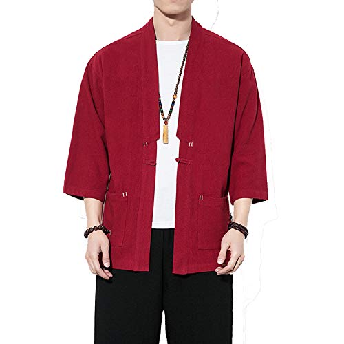 Image of Mens Japanese Kimono Cardigan Cotton Linen Haori Fashion 3 /4 Sleeve Yukata | Shawl Collar Kimono Jacket Robe Embroidery Patchwork Happi Coat Tie Pockets Lightweight Outerwear Daily Casual All Seasons