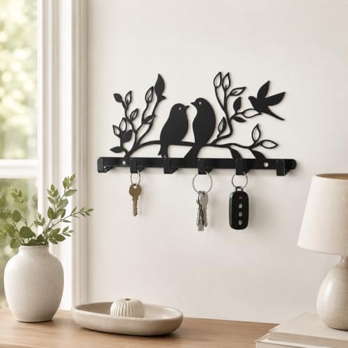 Image of Key Holder for Home, Metal Wall Mounted, 6 Hooks (Birds Desigh) | Cat Design, Includes Mounting Screws, For Home Use, 6 Hook Hanger, Metal Construction