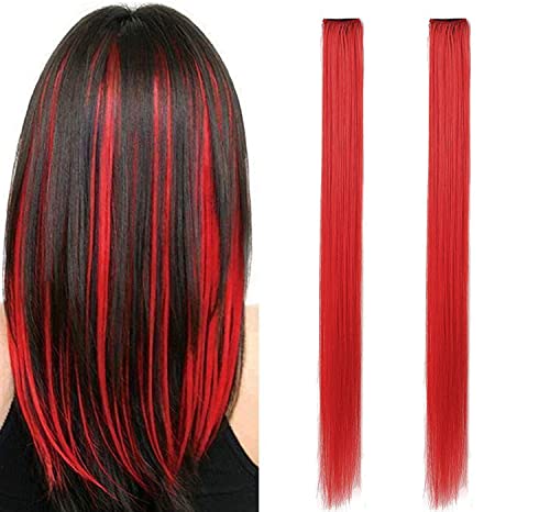 Image of Reusable Coloured Hair Streaks Extensions For Women Hair Coloured Hair Extension For Girls Set of 2 Pcs (Red)