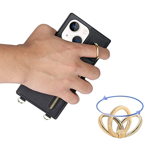 Jaorty Iphone 13 Case With Card Holder,Crossbody Wallet Case For Iphone 13 With Strap For Women，[Ring Holder Kickstand] Lanyard Leather Pu Magnetic Clasp Zipper Purse,6.1" Black #TOP2