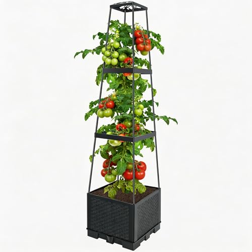 Raised Garden Bed with Trellis, 114cm Height Adjustable Self-Watering Tomato Planter Boxes, Detachable Planting Trelli Box, Tomato Climbing Support for Indoor Outdoor Use