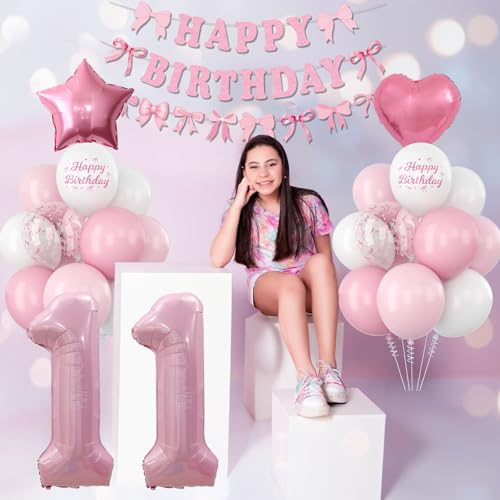 11th Birthday Decorations for Girls Pink Number 11 Balloon Bow Coquette Happy Birthday Banner Fringe Curtain Paper Pom Poms Star Heart Foil Pink White Balloons 11 Year Old Party Decor by KAINSY - Used condition - Image 5
