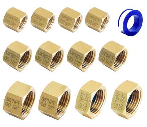 Sutekus Pipe Fitting Cap NPT Female Pipe Brass Fitting Hex End Cap Stop Valve Connector with Extra Rubber Gasket (NPT mixed-12PCS)