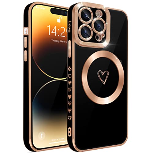 ECZOIL Coque Magnétique pour iPhone 14 Pro Max,Compatible avec MagSafe Protection complète de l'objectif de l'appareil Photo,Luxe en Forme de cœur Slim Soft TPU Phone Case for iPhone 14 Pro Max-Noir
