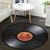 Music Record Black Round Area Rug Retro Vinyl Round Carpet Non-Slip Floor Mat Round Carpet for Bedroom Living Room Study Playing Carpet, 3' Diamete