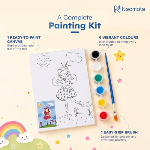 Image of Neomate Canvas Painting Kit for Kids | DIY Painting Set with 1 Printed Canvas, 6 Acrylic Paint Pots & Brush | Art and Craft Kit, Paint Kit for Kids, Birthday Gift, Return Gift, Creative Activity Set