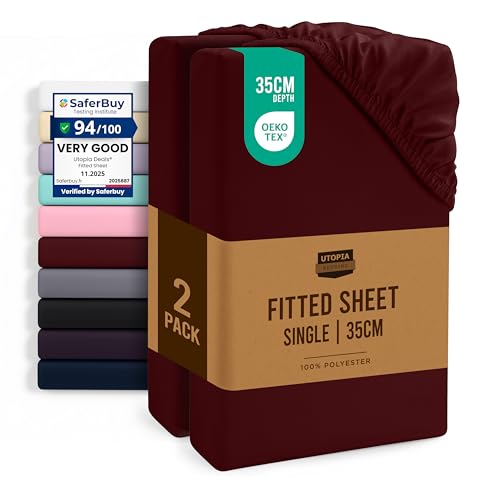 Utopia Bedding Fitted Sheet Single (2 Pack), Burgundy - Deep Pocket 14 inch (35 cm) - Oeko Tex Certified - Easy Care - Soft Brushed Microfibre Fabric - Shrinkage and Fade Resistant - Bottom Sheet