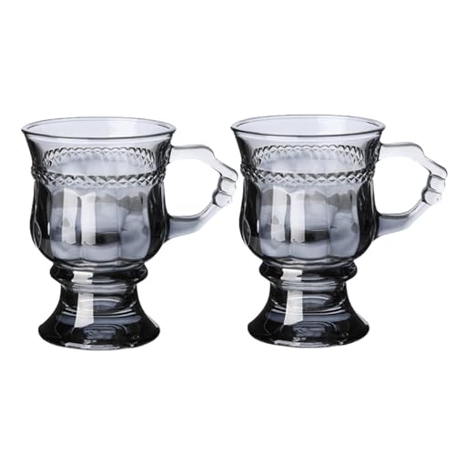 Vintage Irish Coffee Mugs, Crystal Clear Irish Coffee Glass with Handle, Footed Stem Base, Heat Resistant, Heavy Duty Cups for Hot Chocolate, Tea, Coffee (Gray, 2pcs)