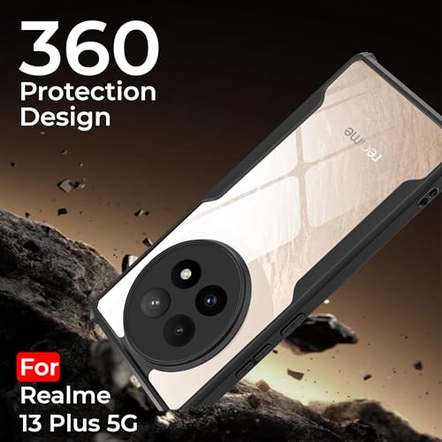 Image of A rtistque Clear Hard Transparent Acrylic Armor Anti-Drop Shockproof TPU Edge Back Cover Case for Realme 13 Plus - Black