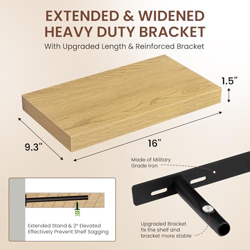 Image of Dreamland 16 Inches Floating Shelves for Wall, 9.3 inch Deep Long Floating Shelves Set of 2, Large Display & Storage Shelf, Wall Shelf for Bathroom Bedroom Living Room Kitchen Office, Oak