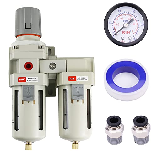 RIH Air Dryer System - 1/2" NPT Double Air Filters-5 Micron Particulate Filter& Air Pressure Regulator - Gauge(0-150 psi), Semi-Auto Drain, Poly Bowl,Bracket - 3 in 1 Two Unit (1/2" NPT) by RIH - Used condition - CA$50.71
