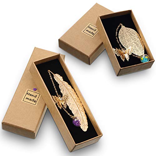 2 Pieces Metal Feather Bookmark Metal Leaf Bookmark With 3D Butterfly, Glass Dry Flower Beads Pendant And Box For Reader Students Friends #TOP3