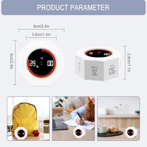 GuDoQi Digital Productivity Timer, Octagon Rotating Pomodoro Timers with Gravity-sensor, 1-3-5-15-30-60-90 Min Countdown, Portable Adjustable Sound Alert Multi Desk Timer or Study Task, Kitchen, White - Image 2