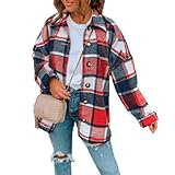 Womens Casual Plaid Shacket Button Down Long Sleeve Shirt Jacket Lightweight Boyfriend Oversized Blouses Fall Work Top Red