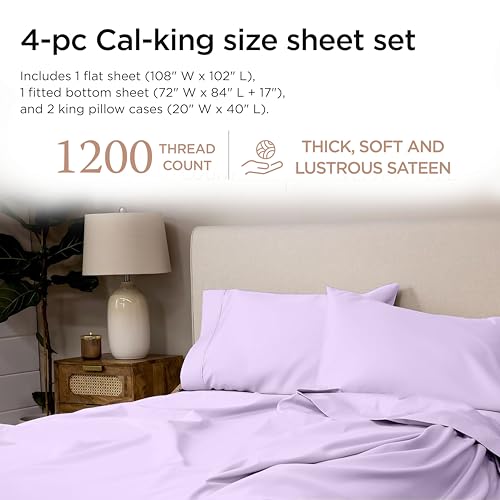 Image of Threadmill 1200TC Supima Cotton Cal King Sheet Set, Sateen, Lilac, 4-Piece | 100% Supima Cotton, Sateen Weave, 4-Piece Set, All-Around Elastic, Hotel Quality, OEKO-TEX Certified, Machine Washable