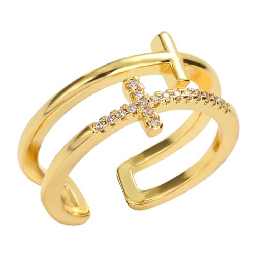 Artibetter Anillo Ajustable Abierto para Mujer Cruz Doble y Gemas de Imitación Dorado, Joyería Cristiana Elegante para Bodas y Ocasiones Obsequios