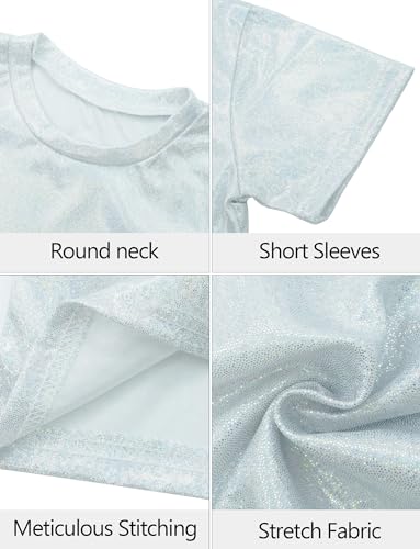 Image of Happy Cherry 2Pcs Kids Girls Shiny Metallic Short Sleeve Crop Top with Pleated Skirt Set Dancewear Performance Costumes