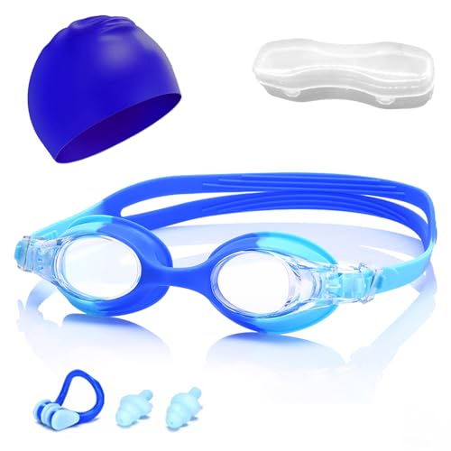 La mejor selección de Gafas y accesorios para Niño al mejor precio. 42 Gafas de Natación para Niños con 1 Pares,Gorro,Tapones,Pinza Nasal,Antifog y Ajuste Suave,Protección UV Fácil de Ajustar y Cómoda (1PCS-Azul)
