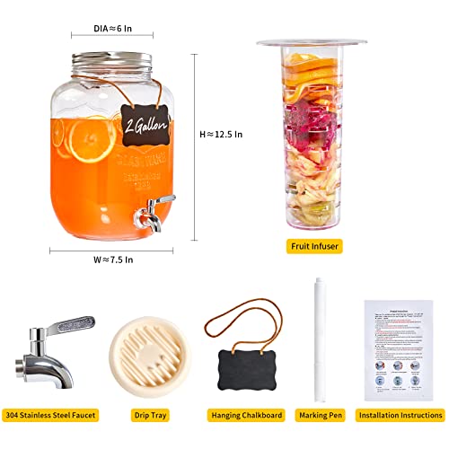 Hanaiette 2 Gallon Glass Beverage Dispenser For Parties, Leak-Proof 304 Stainless Steel Spigot ＆ Lid, Large Drink Dispensers With Fruit Infuser, Suitable To Make Sun Tea, Lemonade, Kombucha Et #TOP5