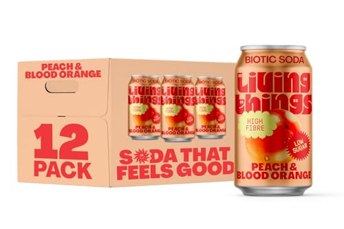 Living Things Prebiotic Soda - Gut Health & Low Calorie Drink - 12 x 330ml Cans - High in Fibre - Peach & Blood Orange