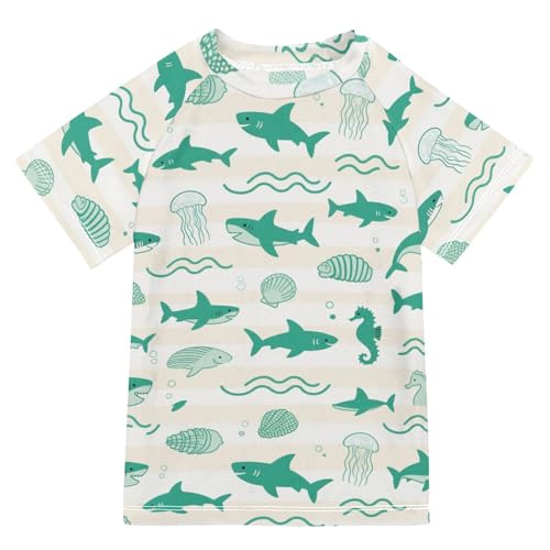 Animal Jellyfish Shark Dark Green Stripe Short Sleeve Kids Bathing Suit Swimsuit Kids Girls Girls Rashguard for 3-12 Years Traje de Banos para ninas