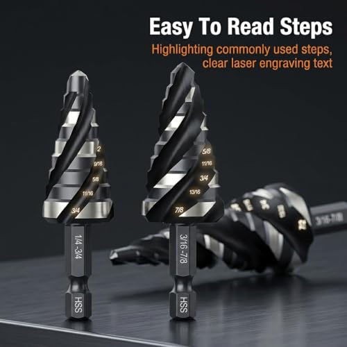 Image of Serplex 3Pcs HSS Spiral Flute Step Drill Bit Set 1 /8 inch-7 /8 inch, High-Speed Steel Cone Drill Bits with 1 /4 inch Hex Shank Multi-Size Drilling Tool for Metal, Wood, PVC & Sheet Metal, Deburring & DIY Projects