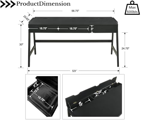 Image of HNY 59 Inches Black Wooden Writing Desk with 3 Drawers, Computer Study Table with MDF Top, Solid Rubberwood Legs and Hidden Cable Management Holes, Corner Makeup Vanity Desk for Home Office, Bedroom