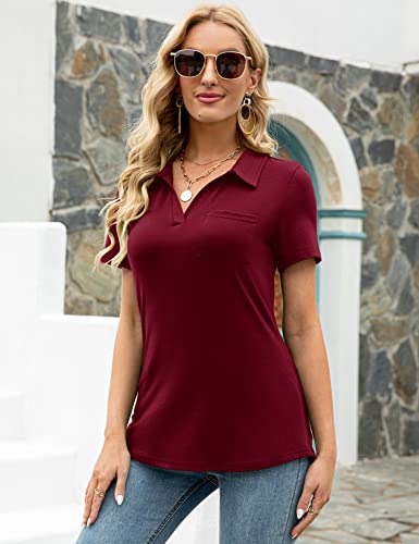 Womens V Neck Polo Shirts Short Sleeve Collared Tops Loose Casual Tunic Blouses With Pocket Wine Red M #TOP2