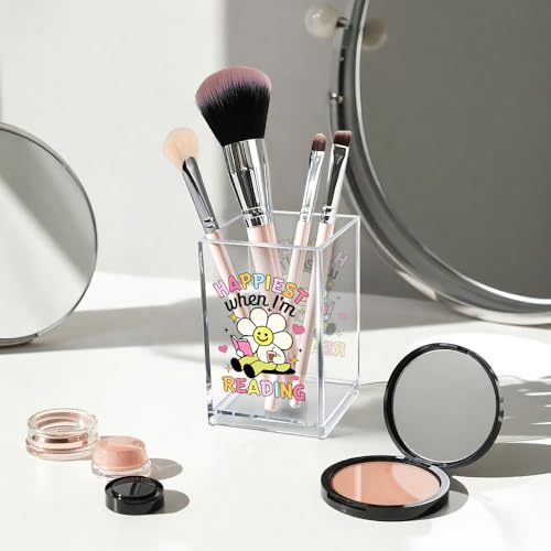 Image of Happiest When I'm Reading Acrylic Cosmetic Pencil Pen Holder Cup, Boho Bookish Desk Organizer Accessories, Bookworm Gifts, Book Lover Gifts for Women Girl Book Club Member Daughter Student