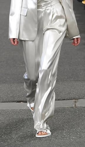 HZUOU Satin Silk Women Pants Suits 2 Pieces Mother of Bride Wedding Blazer Tuxedos Ladies Office Work Wear Outfits HZH543