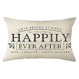 Ogiselestyle Farmhouse Pillow Covers with Happily Ever After Quotes 12 x 20 Inch Lumbar Pillow Covers Home Decorative Cushion Case for Sofa Couch Housewarming Gifts Family Room Décor