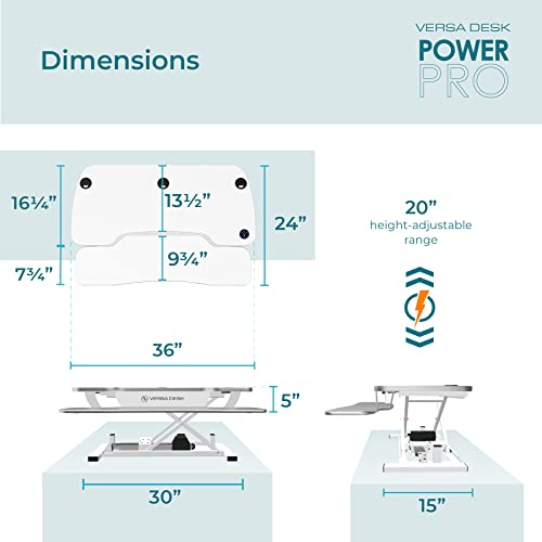 Versadesk Electric Standing Desk Converter, Powerpro Height-Adjustable Sit Stand Desktop Riser With Keyboard Tray, Usb Charging Port, 36" X 24", White #TOP2