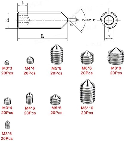 200 Pcs Grub Screws Set, Mixed A2 304 Stainless Steel Allen Key Grub Screw Set M3 M4 M5 M6 M8 Hex Socket Cone Point Screws Metric Thread Assortment Fasteners Kits