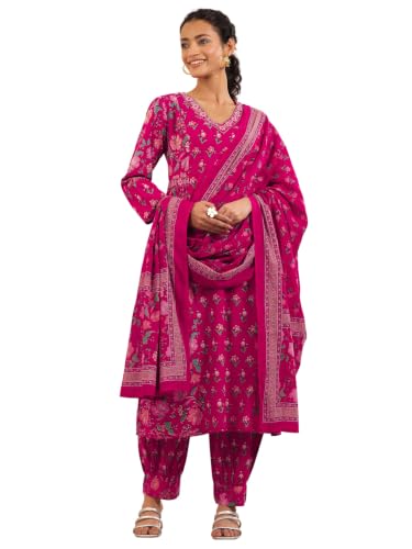 Image of Libas Pink Printed Cotton A Line Kurta set for Women | daily wear suit