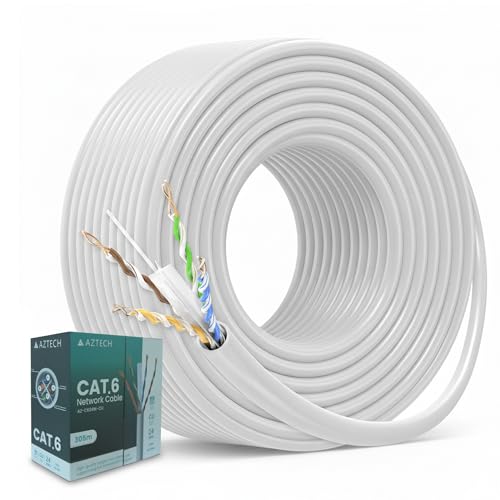 AZTECH Cat6 Network Cable 305m Full Copper 24AWG White Ethernet LAN Cable High Speed Internet Patch Cable for Router Switch Modem CCTV PoE Office Home Data Networking Cat 6 Cable