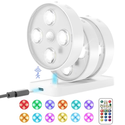 Kinamy Schrankbeleuchtung, Schranklicht mit Bewegungsmelder 3 Stück, Unterbauleuchte Küche Kabellos mit Fernbedienung 13 Farben Dimmbare, Led Spots USB Wiederaufladbar Vitrinenbeleuchtung