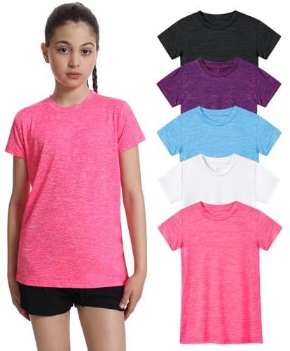 Image of 5 Pack Girls Athletic Shirts Short Sleeve Dry Fit T-Shirts Tops for Teens | Soft and Breathable Fabric, Bright and Cute Colors, Longer Length Design, Colorfast and Anti-Wrinkle