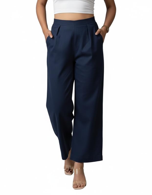 Image of Moirai Pure Cotton Wide Leg Women Trouser Stylish Mid Rise Relaxed Straight Fit Loose Pants Casual Travel Office Formal Wear