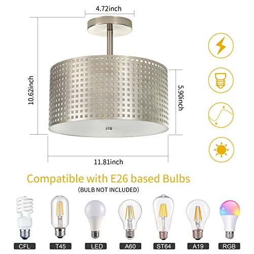 Ceiling Light Fixture - Easric 3-Lights Semi Flush Mount Ceiling Light Modern Light Fixtures Ceiling Mount With Metal Fabric Shade Drum Ceiling Lights For Bedroom,Hallway,Kitchen,Brushed Nickel Finish #TOP5