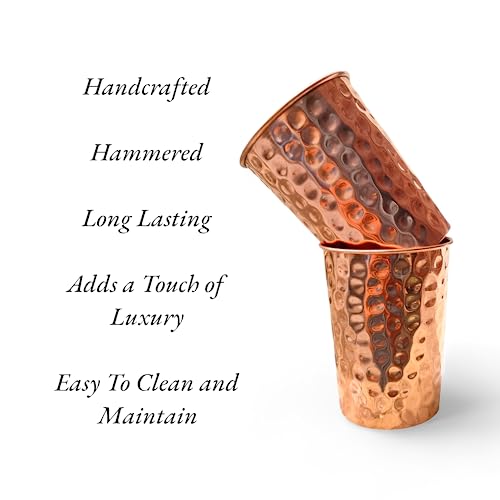 Image of Set of 2 Hammmered Pure Copper Cups For Drinking Water Glasses Tumblers Glass for Ayurveda Health Benefits